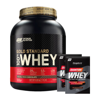 Optimum Nutrition 100% Whey Gold Standard 2270 g + 2x Quantum Whey 30 g GRATIS